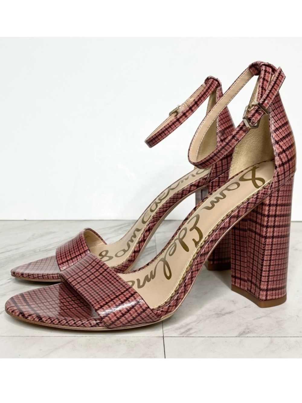 Sam Edelman Yaro Plaid Faux Patent Leather Block Heel Sandal 8M